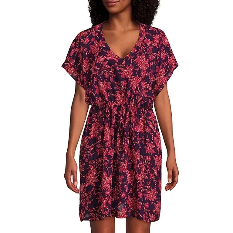 Lands End Nwt Short Sleeve Gathered Waist Kaftan Swim Coverup Dress M-L